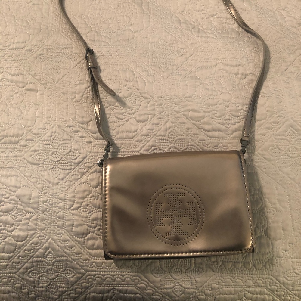 Tory Burch Metallic Perforated Logo Clutch Bag